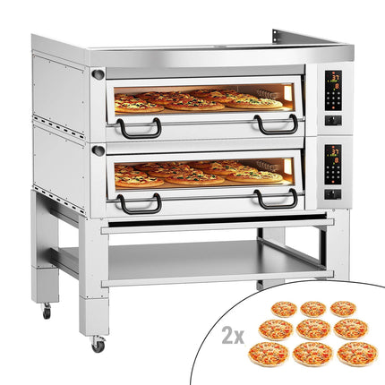 GGM Gastro Lò Pizza Tầng Điện - Tầng Đôi - Đáy Đá Chịu Lửa - 9+9 - Ø34cm (34 cm) - Điều Khiển Số - Đến 450°C - Kèm Nắp Chụp & Khung Chân Đế & Bộ Bánh Xe