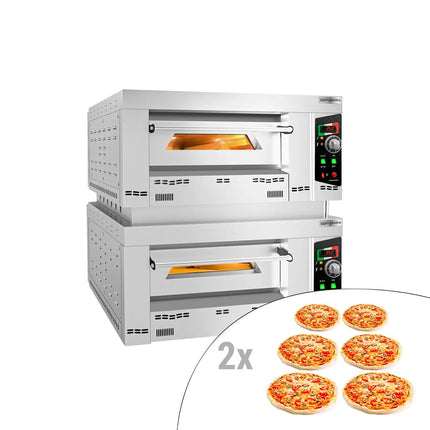 GGM Gastro Lò Pizza Tầng Gas - Tầng Đôi - Đáy Đá Chịu Lửa - 6+6 x Ø34cm (34 cm) - 230V 1 Pha - Điều Khiển Cơ - Đến 450°C - Kèm Khung - Có Khớp Nối