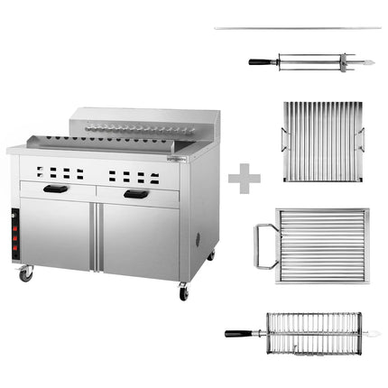 GGM Gastro Mangal Charcoal Grill - 1120mm - for Adana & Shish Kebab - 15 automatic rotating skewers - with cabinet base