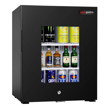 GGM Gastro Mini Bar Refrigerator - 402mm - 34L - with 1 glass door & lock | reversible hinges - Black - Double-glazed glass door