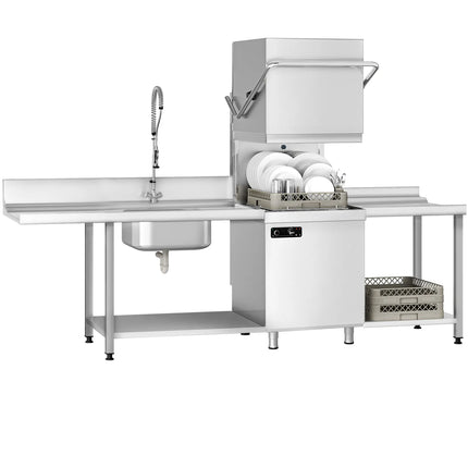 GGM Gastro Pass-through dishwasher - 6.52 kW - incl. inlet table left & outlet table right - with detergent, rinse aid & drain pump