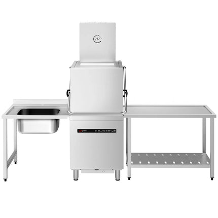 GGM Gastro Pass Through Dishwasher - Digital Controls - 8.7kW - incl. Inlet Table left, Outlet Table right - with Heat Recovery, Detergent & Rinse Aid Dosing Pumps, Drain Pump