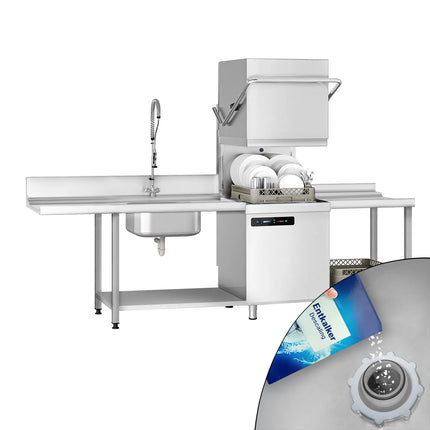 GGM Gastro Pass Through Dishwasher - Mechanical Controls - 7.1kW - incl. Inlet Table right, Outlet Table right - with Integral Water Softener - with Detergent & Rinse Aid Dosing Pumps