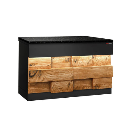 GGM Gastro Quầy Thu Ngân TORONTO - 1500mm - Mặt Trước Vân Gỗ - Mặt Đá Granite Đen - Hoàn Thiện Đen Mờ - Thân Inox