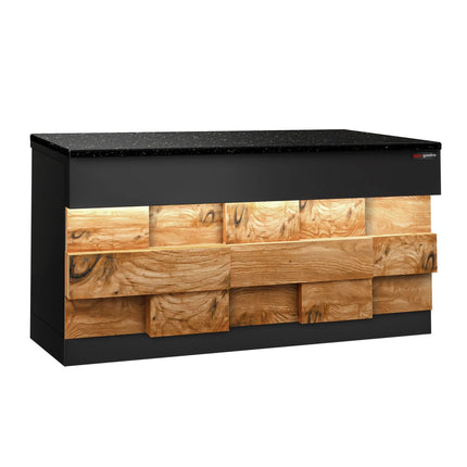 GGM Gastro Quầy Thu Ngân TORONTO - 1800mm - Mặt Trước Vân Gỗ - Mặt Đá Granite Đen - Hoàn Thiện Đen Mờ - Thân Inox