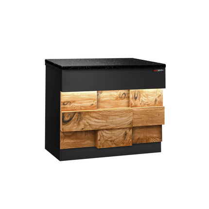 GGM Gastro Quầy Thu Ngân TORONTO - 900mm - Mặt Trước Vân Gỗ - Mặt Đá Granite Đen - Hoàn Thiện Đen Mờ - Thân Inox