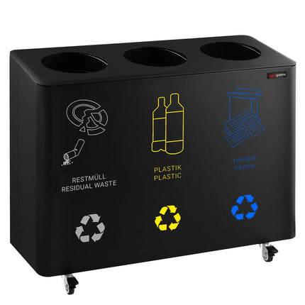 GGM Gastro Recycling station - 3-Stream - 3 compartments of 25L each - 75L - 640(H)x960(W)x360(D)mm - with wheels (2 with brakes), removable inner bins, labels for Paper/Plastic/General waste & Bio - Black - steel body with polypropylene inner bins