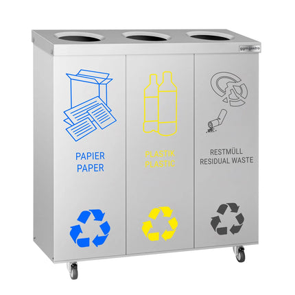 GGM Gastro Recycling station - 3-Stream - 3 compartments of 25L each - 75L - 725(H)x755(W)x255(D)mm - with wheels - 2 lockable castors, removable inner bins, labels for paper/plastic/general waste & bio - Stainless steel