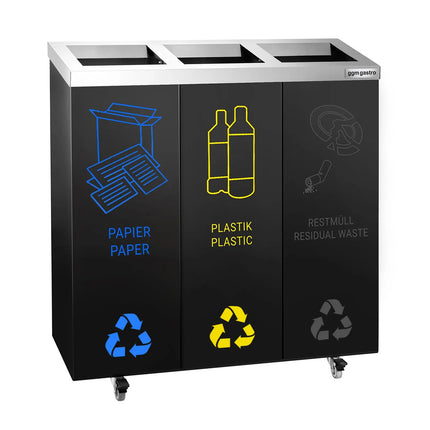 GGM Gastro Recycling station - 3-Stream - 3 compartments of 25L each - 75L - 725(H)x755(W)x255(D)mm - with wheels (2 with brakes), removable inner bins, labels included - Black/Silver - steel (powder-coated)