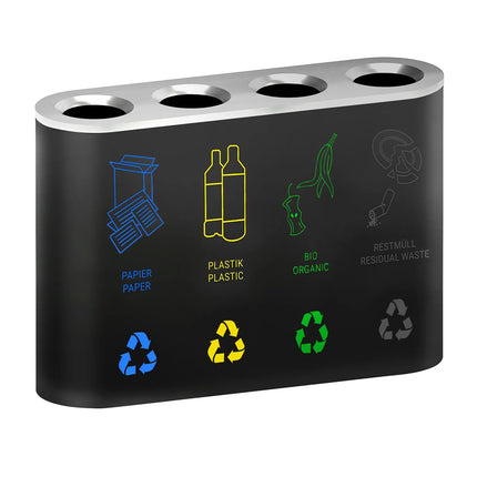 GGM Gastro Recycling station - 4-Stream - 4 compartments of 35L each - 140L - 1080(W)x300(D)x800(H)mm - with removable inner bins & labels for Paper, Plastic, General waste & Bio - Black - steel (powder-coated)