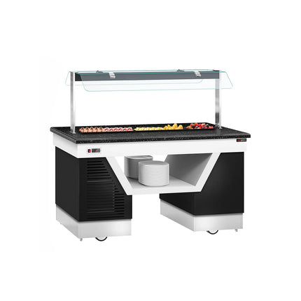 GGM Gastro Refrigerated Buffet Display Counter BELFAST - 1600mm -with Refrigerated Frost Top + Flat Glass Sneeze Guard - on Castors - Brown