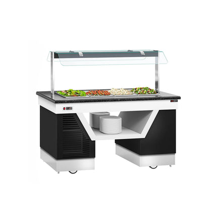 GGM Gastro Refrigerated Buffet Display Counter BELFAST - 1600mm - with Refrigerated Well + Flat Glass Sneeze Guard - on Castors - for 4x GN 1/1 - Black