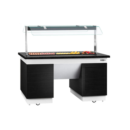 GGM Gastro Refrigerated Buffet Display Counter DUBLIN - 1600mm - with Refrigerated Frost Top + Flat Glass Sneeze Guard - on Castors - Black