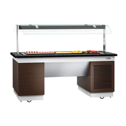 GGM Gastro Refrigerated Buffet Display Counter DUBLIN - 2000mm - with Refrigerated Frost Top + Flat Glass Sneeze Guard - on Castors - Brown
