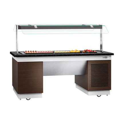 GGM Gastro Refrigerated Buffet Display Counter DUBLIN - 2000mm -with Refrigerated Frost Top + Flat Glass Sneeze Guard - on Castors - Brown