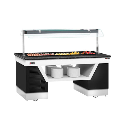 GGM Gastro Refrigerated Salad Bar Counter BELFAST - 2000mm - with Refrigerated Frost Top + Flat Glass Sneeze Guard - on Castors - Black