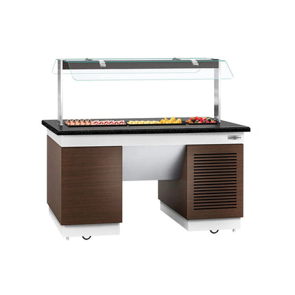 GGM Gastro Refrigerated Salad Bar Counter DUBLIN - 1600mm - with Refrigerated Frost Top + Flat Glass Sneeze Guard - on Castors - Black Granite