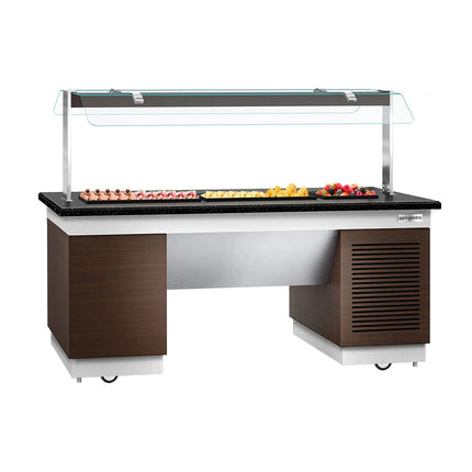 GGM Gastro Refrigerated Salad Bar Counter DUBLIN - 2000mm -with Refrigerated Frost Top + Flat Glass Sneeze Guard - on Castors - Brown