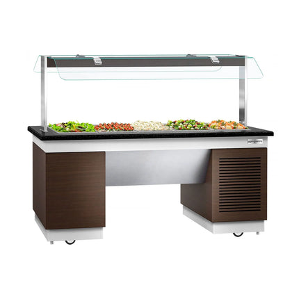 GGM Gastro Refrigerated Salad Bar Counter DUBLIN - 2000mm - with Refrigerated Well + Flat Glass Sneeze Guard - on Castors - for 5x GN 1/1 - Brown