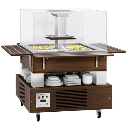 GGM Gastro Refrigerated Salad Bar DUBLIN - 1700mm - with Refrigerated Well + Angled Glass Sneeze Guard - on Castors - for 4x GN 1/1 - Brown