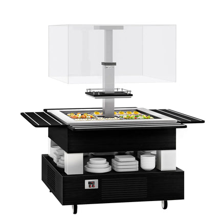 GGM Gastro Refrigerated Salad Bar DUBLIN - 1700mm - with Refrigerated Well + Angled Glass Sneeze Guard - on Castors - for 4x GN 1/1 - Black