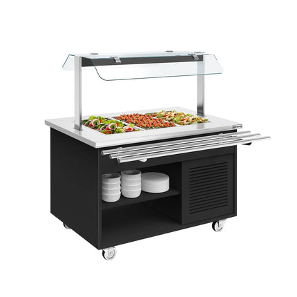 GGM Gastro Refrigerated Salad Bar Trolley DANZIG - 1300mm - for 3x GN 1/1 - with Tray Slide - Black - Mobile - with Gantry - with Sneeze Screen