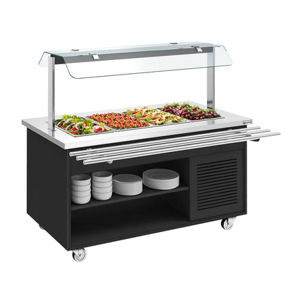 GGM Gastro Refrigerated Salad Bar Trolley DANZIG - 1600mm - for 4x GN 1/1 - with Tray Slide - Black - Mobile - with Gantry - with Sneeze Screen