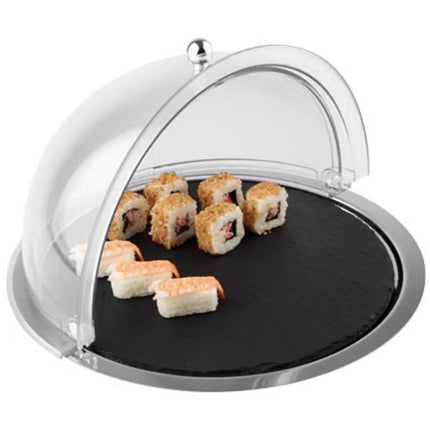 GGM Gastro Roll-top Display Set - SAN plastic - Ø 380mm - Height: 240mm - incl. stainless steel tray, natural slate plate & roll-top cover