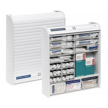 GGM Gastro Rollmed | First Aid Cabinet - filled extended - White - with wall-mounted, child lock, roller shutter door, 14 drawers - incl. mounting hardware, safety sign