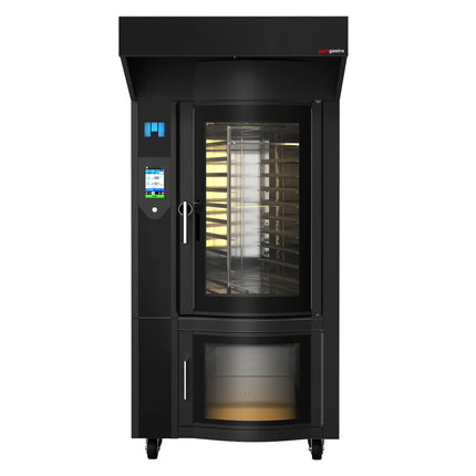 GGM Gastro Rotary Commercial Bakery Convection Oven with Steam Injection - Touchscreen Controls - 1 Baking Chambers - 10x 600x400mm (EN 60x40) - Black - with Hood & with Prover Cabinet
