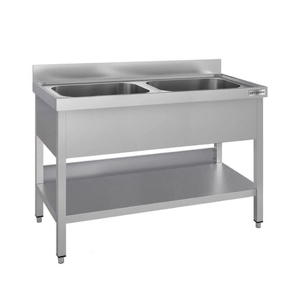 GGM Gastro Stainless Steel Commercial Sink Unit ECO - 1200x600mm - with Double Bowl Centre - with Undershelf - with Upstand