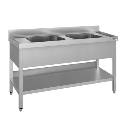 GGM Gastro Stainless Steel Commercial Sink Unit ECO - 1400x600mm - with Double Bowl Centre - with Undershelf - with Upstand