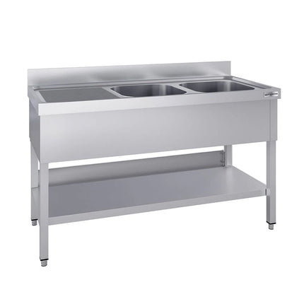 GGM Gastro Stainless Steel Commercial Sink Unit ECO - 1400x600mm - with Double Bowl Right-hand - with Undershelf - with Upstand