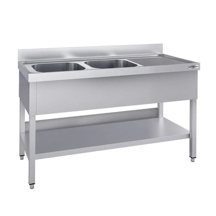 GGM Gastro Stainless Steel Commercial Sink Unit ECO - 1600x700mm - with Double Bowl Left-hand - with Undershelf - with Upstand
