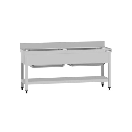 GGM Gastro Stainless Steel Commercial Sink Unit ECO - 1600x700mm - with Undershelf & Double Bowl - with Upstand