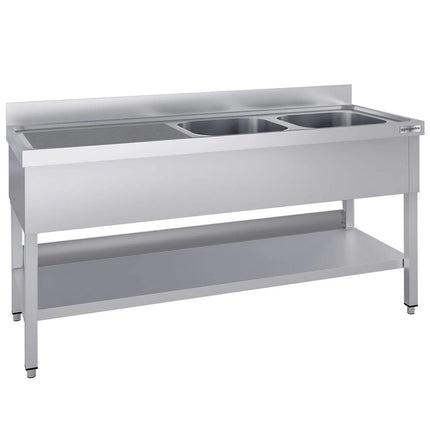 GGM Gastro Stainless Steel Commercial Sink Unit ECO - 1800x600mm - with Double Bowl Right-hand - with Undershelf - with Upstand