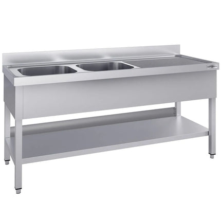 GGM Gastro Stainless Steel Commercial Sink Unit ECO - 1800x600mm - with Double Bowl Left-hand - with Undershelf - with Upstand