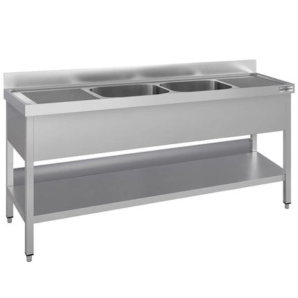 GGM Gastro Stainless Steel Commercial Sink Unit ECO - 1800x600mm - with Double Bowl Centre - with Undershelf - with Upstand