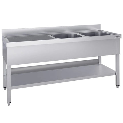 GGM Gastro Stainless Steel Commercial Sink Unit ECO - 1800x700mm - with Double Bowl Right-hand - with Undershelf - with Upstand
