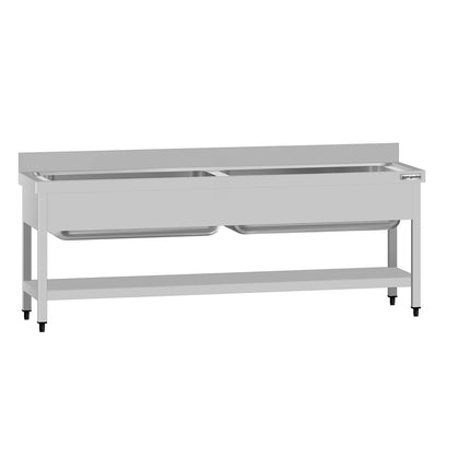 GGM Gastro Stainless Steel Commercial Sink Unit ECO - 2000x700mm - with Undershelf & Double Bowl - with Upstand