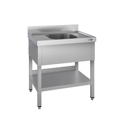 GGM Gastro Stainless Steel Commercial Sink Unit ECO - 800x700mm - with Single Bowl Centre - with Undershelf - with Upstand