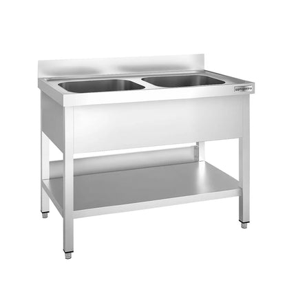 GGM Gastro Stainless Steel Commercial Sink Unit PREMIUM - 1000x600mm - with Double Bowl Centre - with Undershelf - with Upstand