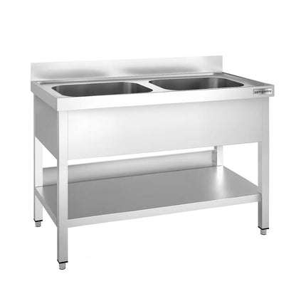 GGM Gastro Stainless Steel Commercial Sink Unit PREMIUM - 1200x600mm - with Double Bowl Centre - with Undershelf - with Upstand