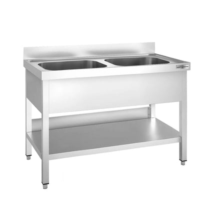 GGM Gastro Stainless Steel Commercial Sink Unit PREMIUM - 1200x700mm - with Double Bowl Centre - with Undershelf - with Upstand