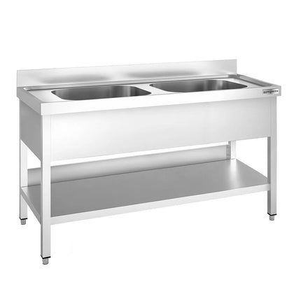 GGM Gastro Stainless Steel Commercial Sink Unit PREMIUM - 1400x700mm - with Double Bowl Centre - with Undershelf - with Upstand