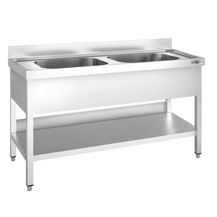 GGM Gastro Stainless Steel Commercial Sink Unit PREMIUM - 1600x600mm - with Double Bowl Centre - with Undershelf - with Upstand