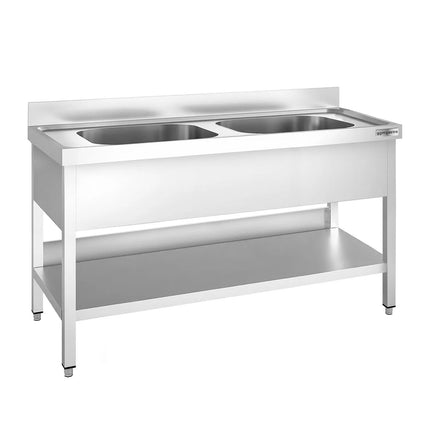 GGM Gastro Stainless Steel Commercial Sink Unit PREMIUM - 1600x700mm - with Double Bowl Centre - with Undershelf - with Upstand