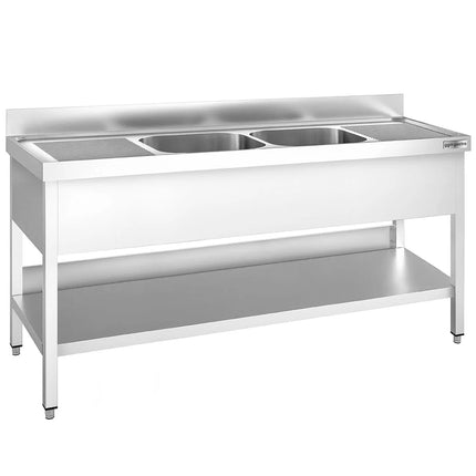 GGM Gastro Stainless Steel Commercial Sink Unit PREMIUM - 1800x700mm - with Double Bowl Centre - with Undershelf - with Upstand
