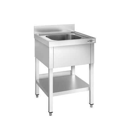 GGM Gastro Stainless Steel Commercial Sink Unit PREMIUM - 600x600mm - with Single Bowl Centre - with Undershelf - with Upstand