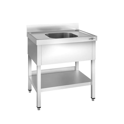GGM Gastro Stainless Steel Commercial Sink Unit PREMIUM - 800x600mm - with Single Bowl Centre - with Undershelf - with Upstand